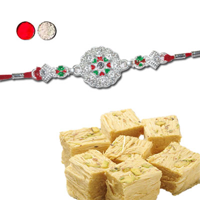 "Silver Coated Rakhi - SIL-6030 A (Single Rakhi), 500gms of Haldiram Soanpapdi - Click here to View more details about this Product